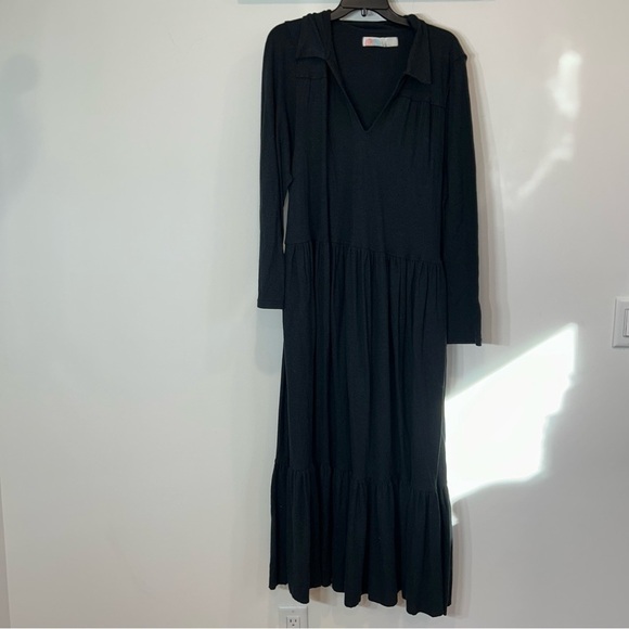 Free People Beach v neck collared long sleeve tiered maxi dress black oversized - Picture 2 of 7